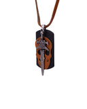 Black Rhodium Sword Detailing Pendant With Leather Chain For Men