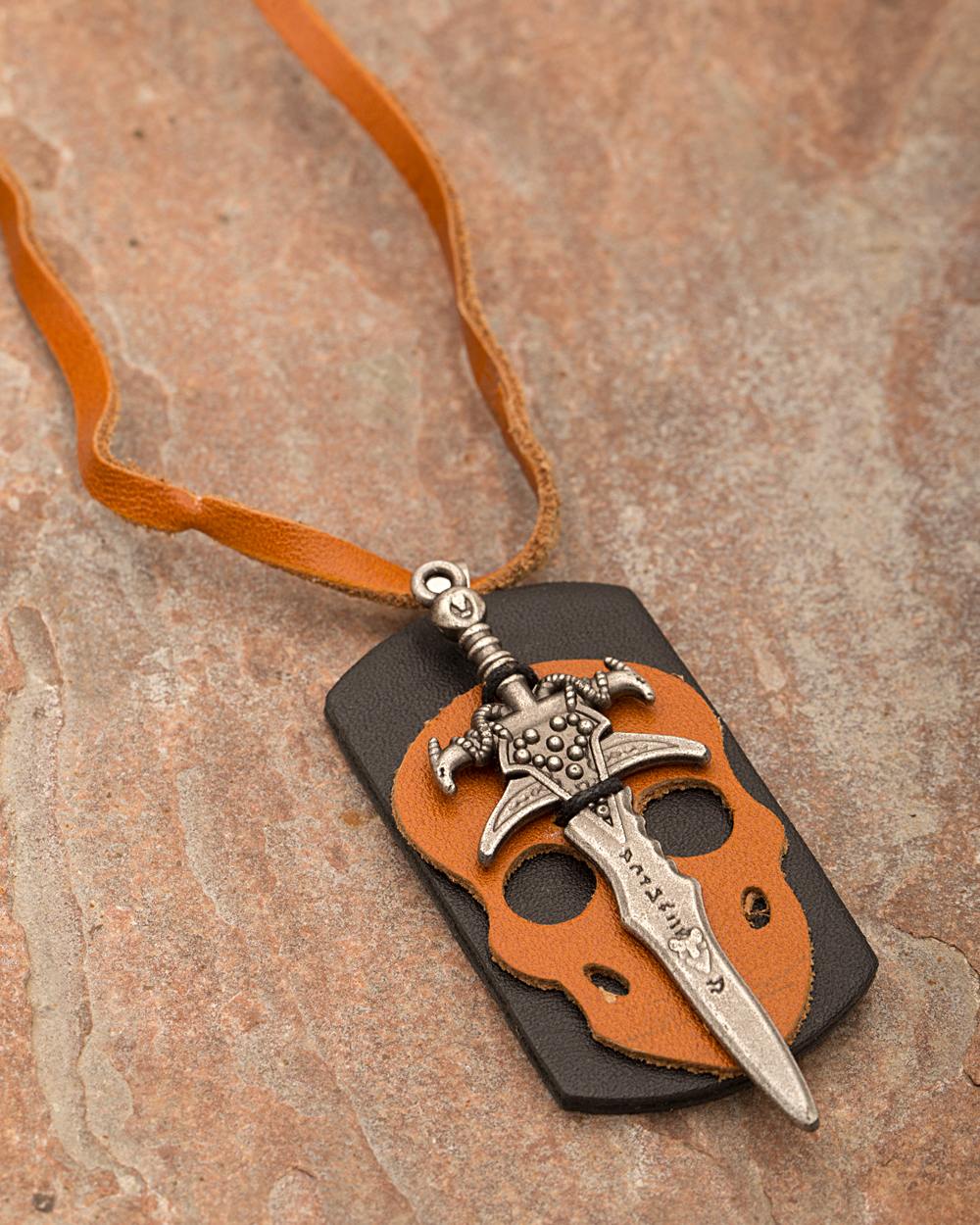 Black Rhodium Sword Detailing Pendant With Leather Chain For Men