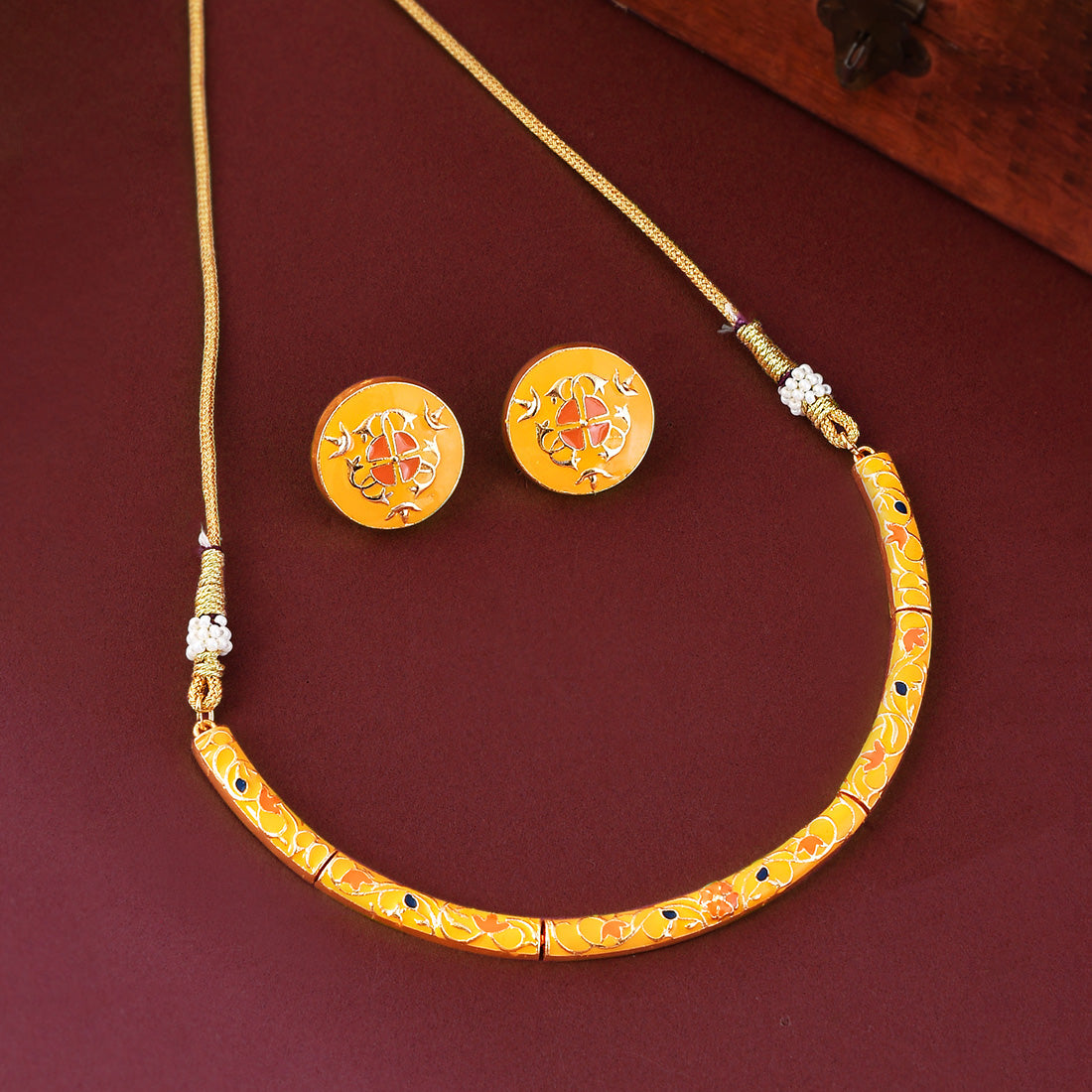 Enameled Elegance Orange Floral Gold-Plated Necklace Set